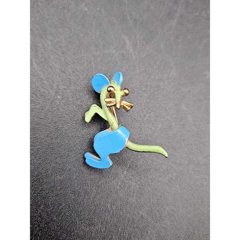 Vintage MCM Kitchy Mouse Brooch Green and Blue Gold Tone Pin Retro